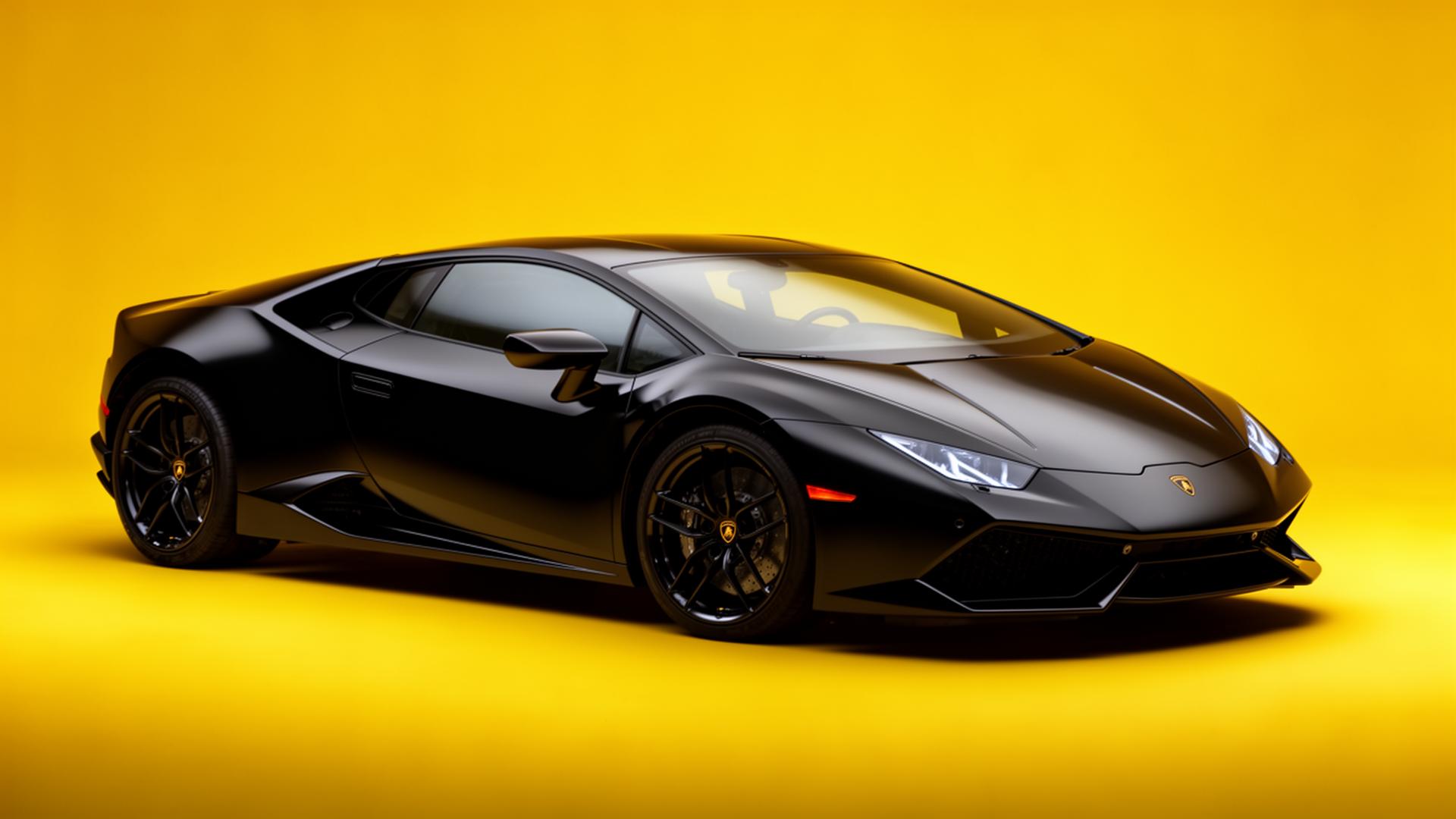 Black Lamborghini Huracán on a bright yellow backdrop